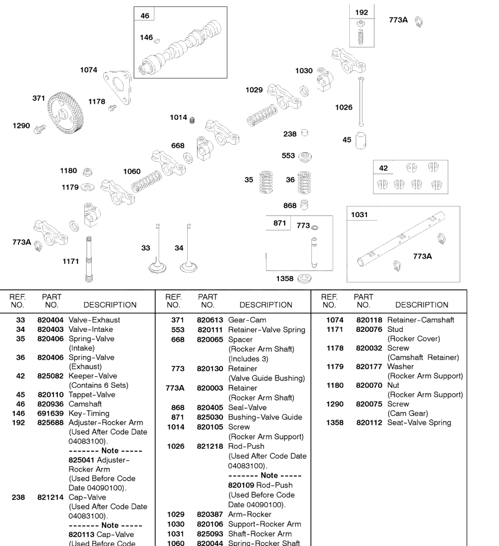 Rocker Arm Shaft, Camshaft, Cam Gear Diagram and Parts List for 58A447-0234-XX  Briggs and Stratton Engine